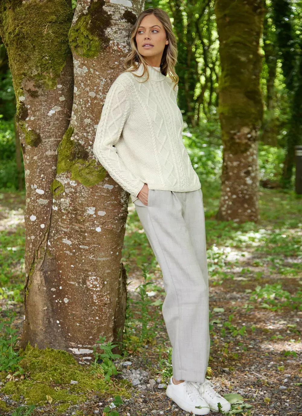 Orlaigh Aran Turtleneck in Natural, merino wool with diamond and cable stitching.